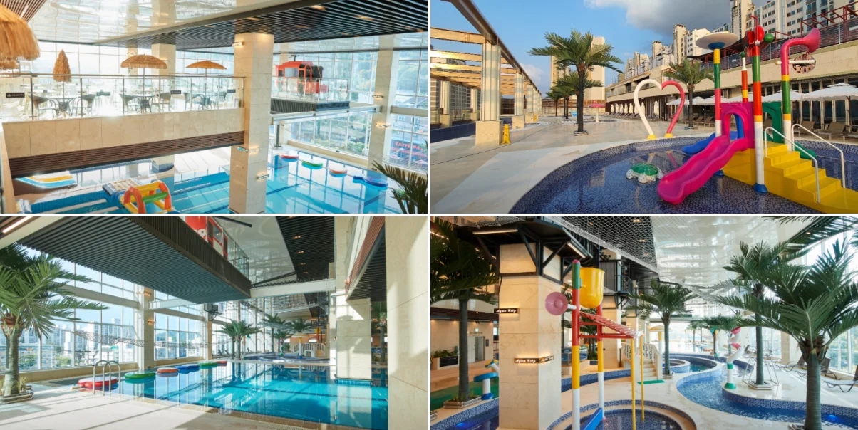 광주 아쿠아시티 워터파크 실내 수영장 전경과 야외 어린이용 미끄럼틀 풀장 사진