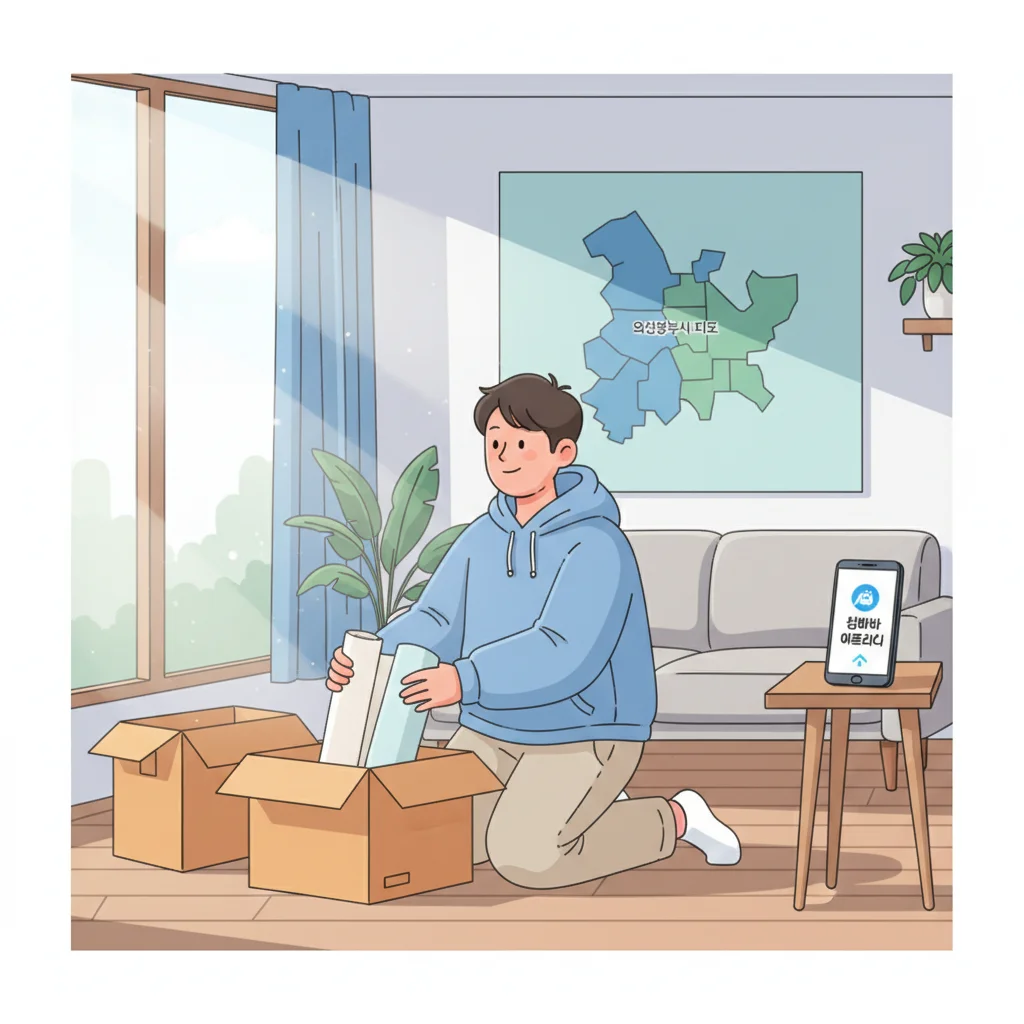 의정부시 지도와 잡아봐 어플라이 로고가 보이는 방에서 이사 짐을 풀며 기뻐하는 청년의 모습 일러스트