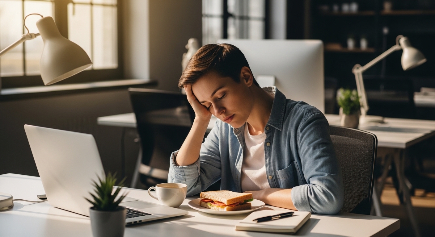 식사 후 책상에서 졸음을 느끼는 직장인의 모습
