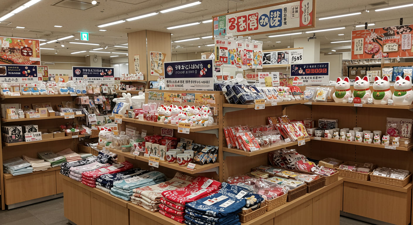 돈키호테에서 판매 중인 일본 전통 기념품, 기모노 패턴 수건과 마네키네코 장식품