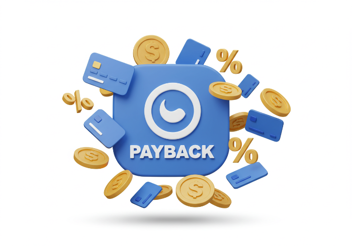 상생페이백 제도를 나타내는 3D 아이콘으로 신용카드와 금화, 퍼센트 기호가 함께 표현된 이미지