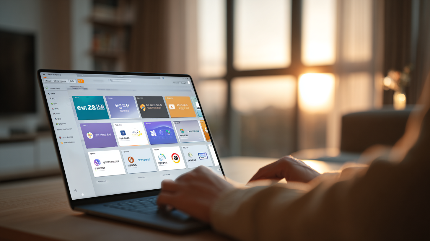 ‘복지로’, ‘정부24’, ‘교육부’ 등 한국 정부 기관의 로고(흐릿한 형태)가 있는 대시보드 화면을 노트북으로 확인 중인 한국 학부모