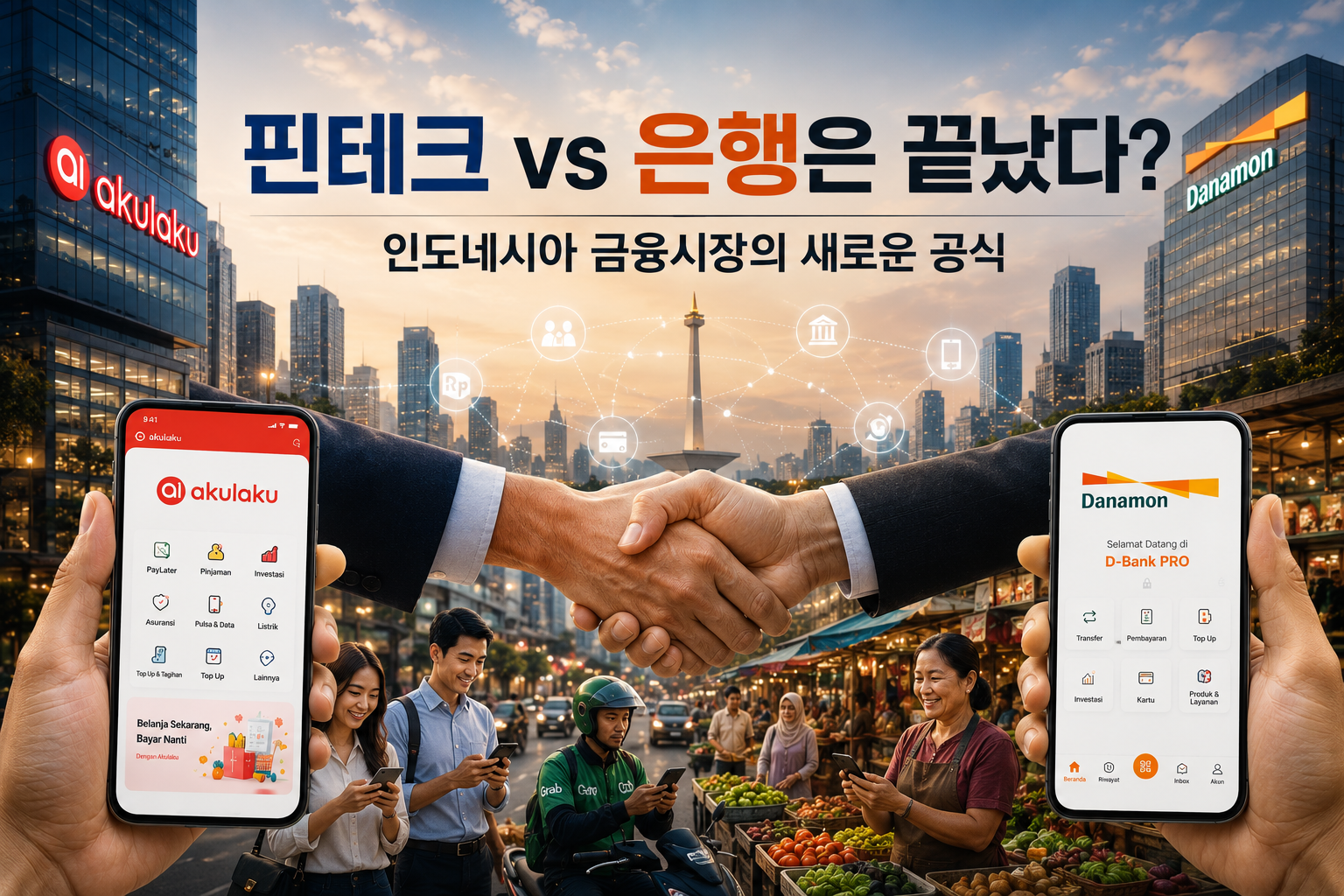 인도네시아 더 이상 핀테크 vs 은행은 경쟁 관계가 아닌 협력 관계인 이미지를 설명합니다.