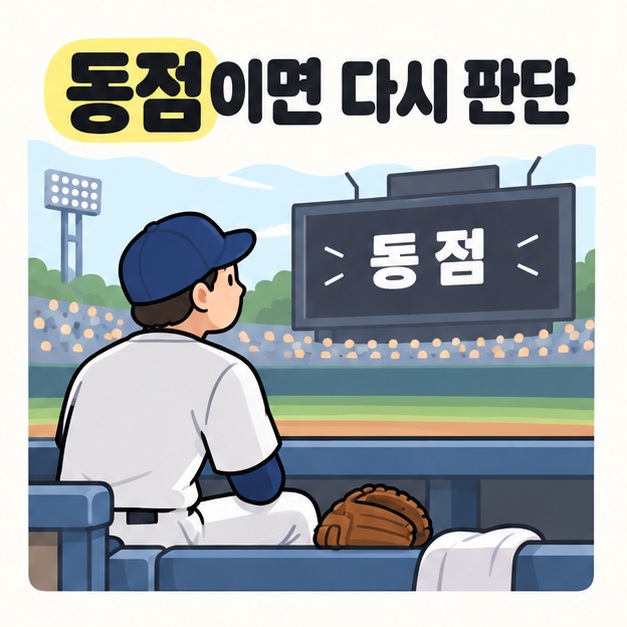 동점이면 다시 판단이라는 제목 아래 더그아웃에 앉은 선발투수가 글러브를 옆에 두고 동점 전광판을 바라보는 모습