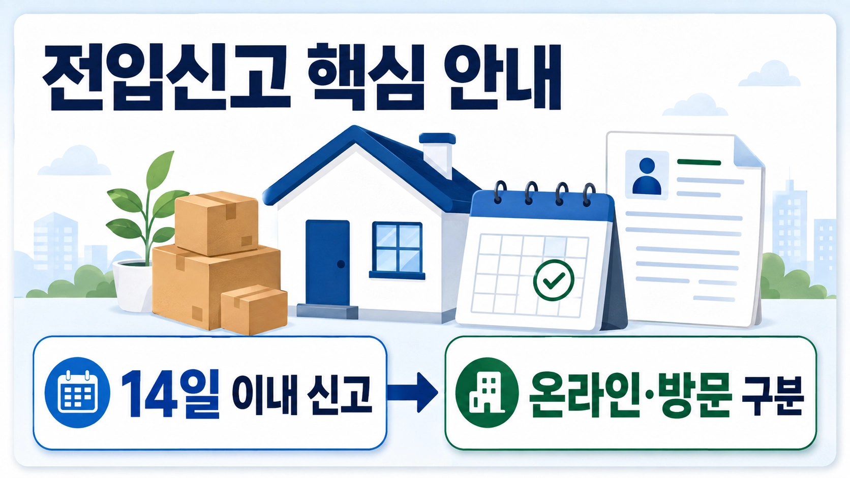 전입신고를 실제 전입일부터 14일 이내 신고하고 온라인과 주민센터 방문을 구분하는 핵심 안내
