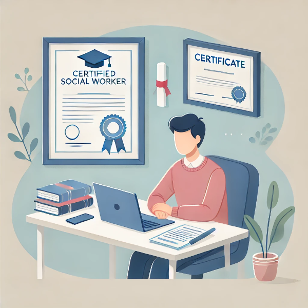 사회복지사 2급 자격증을 목표로 온라인 학습 중인 사람을 그린 클립아트. 노트북, 책, 자격증, 그리고 온라인 교육 아이콘