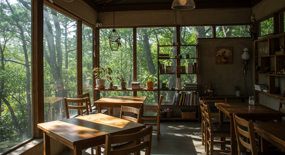 제주 숲속에 숨어 있는 조용한 무인카페의 내부 풍경