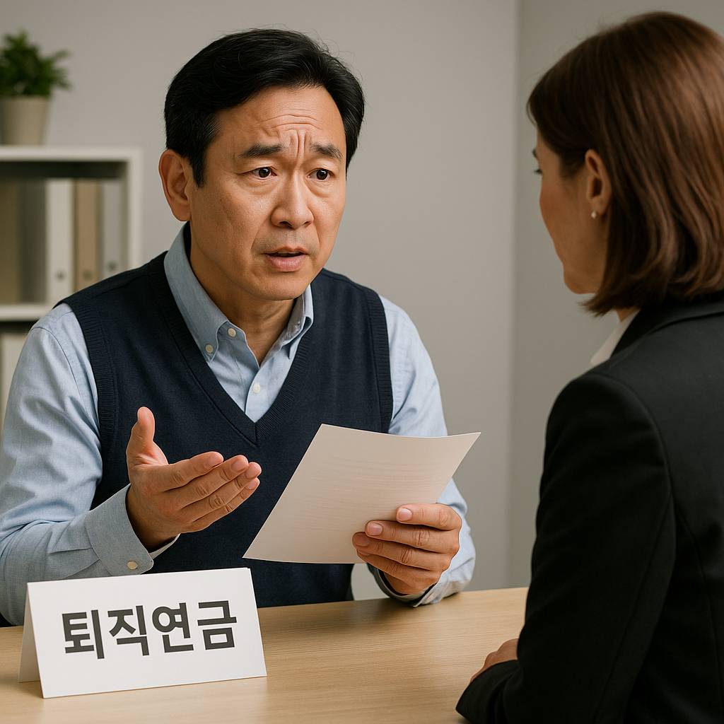 퇴직연금 가입 여부를 상담하기 위해 진지한 표정으로 전화 통화를 하고 있는 중년 남성 근로자. 퇴직금과 연금 제도에 대한 궁금증을 시각적으로 표현한 실사 이미지.