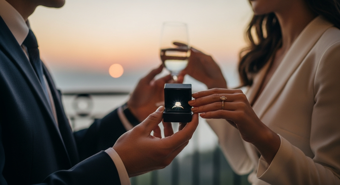 한 남자가 로맨틱한 분위기에서 여자에게 빛나는 다이아몬드 반지로 프로포즈하는 모습, 영원한 사랑을 약속하는 순간.