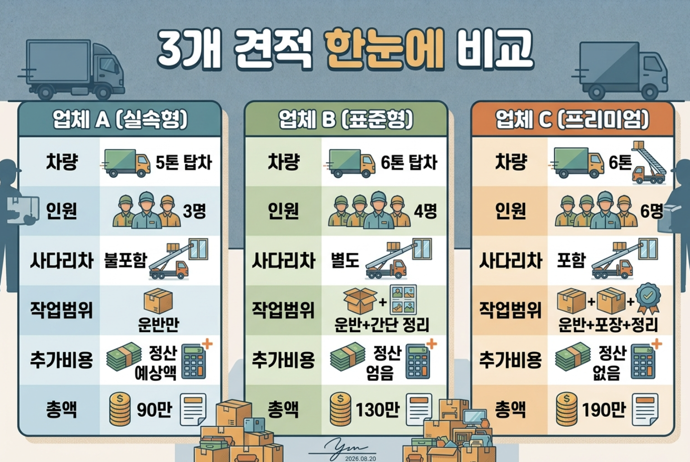 세 곳의 포장이사 견적을 차량 인원 사다리차 추가비용 기준으로 비교하는 이미지