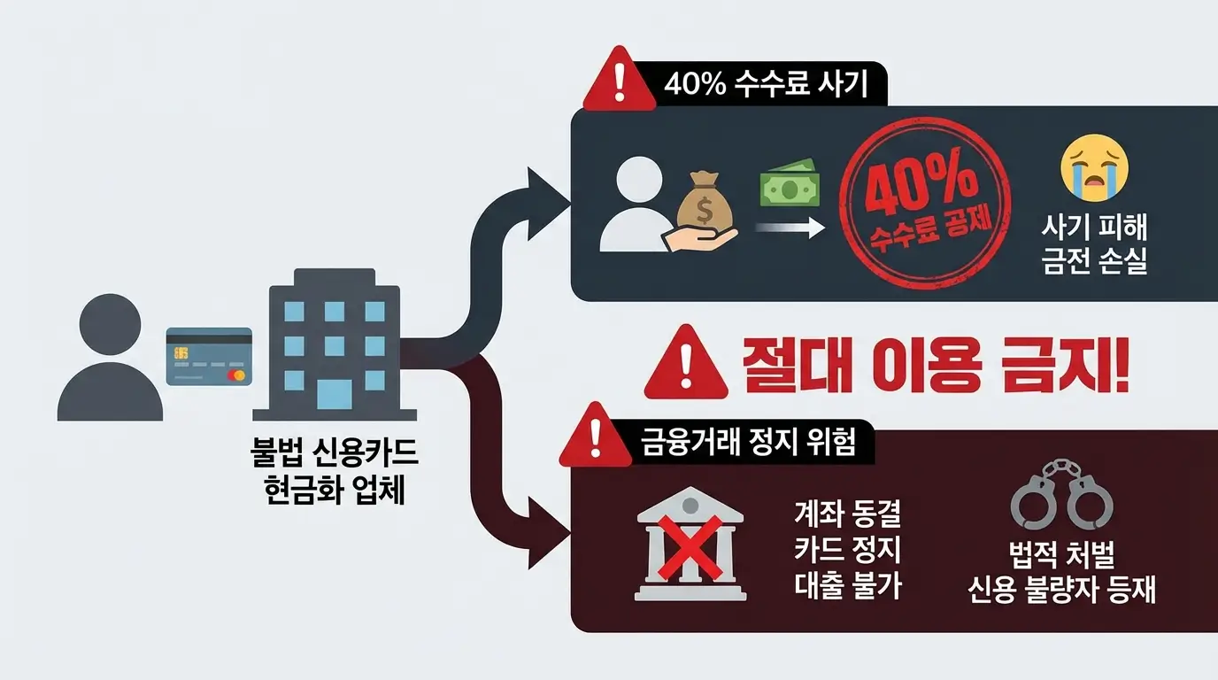 불법 신용카드 현금화 업체를 통해 카드깡을 진행할 경우 발생하는 40% 수수료 사기와 금융거래 정지 위험을 보여주는 인포그래픽