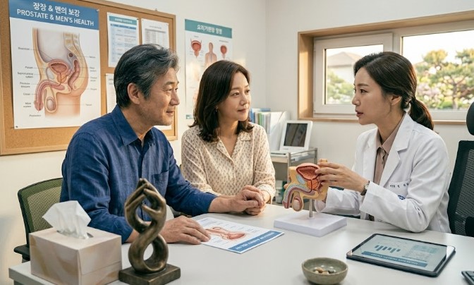 답답해 하기만 하던 남성이 용기를 내어 부인과 함께 병원을 찾아 상담을 나누고 있다
