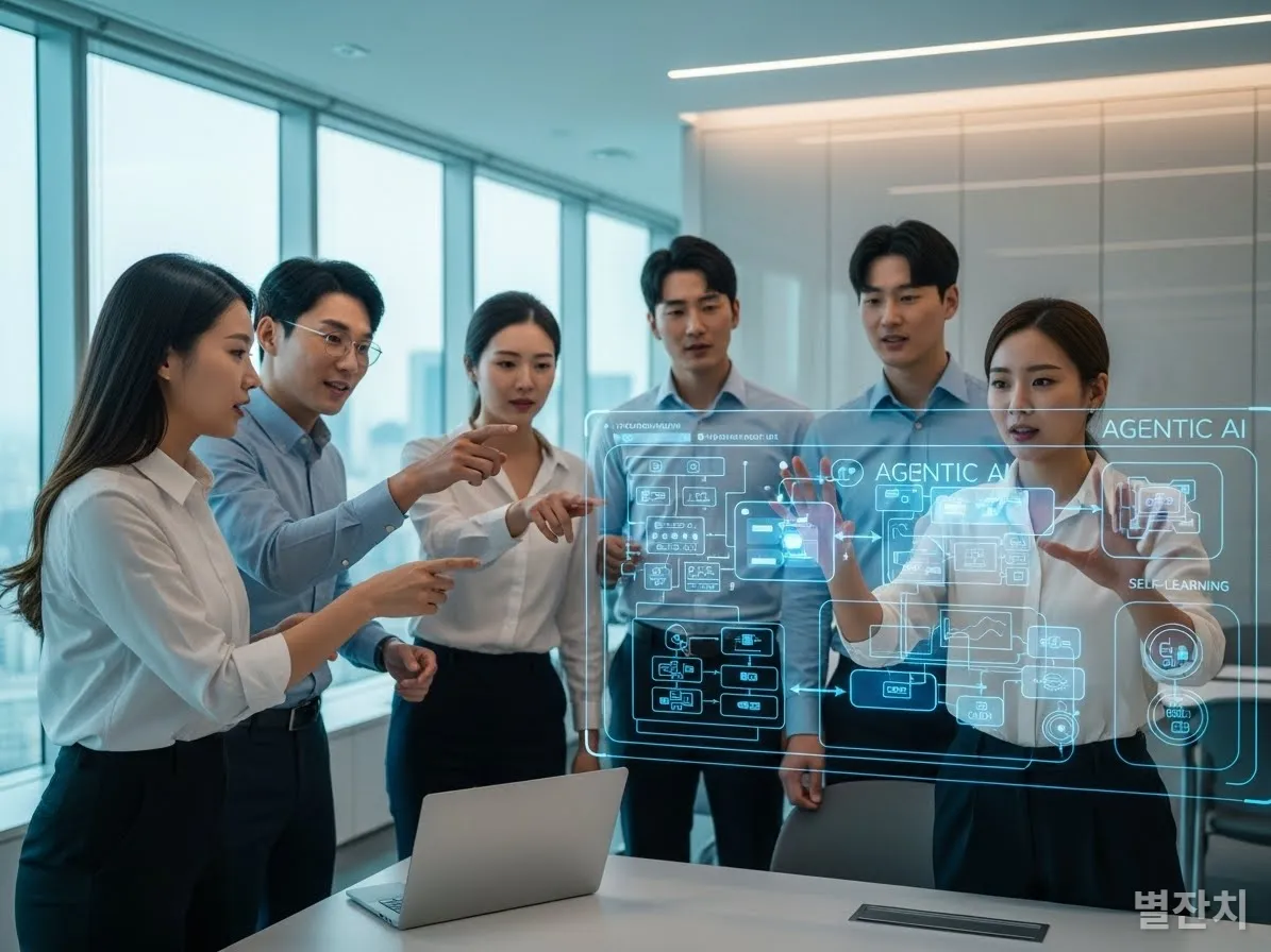 에이전틱 AI의 자율 학습 및 문제 해결 과정을 보여주는 한국인 전문가들의 회의 모습