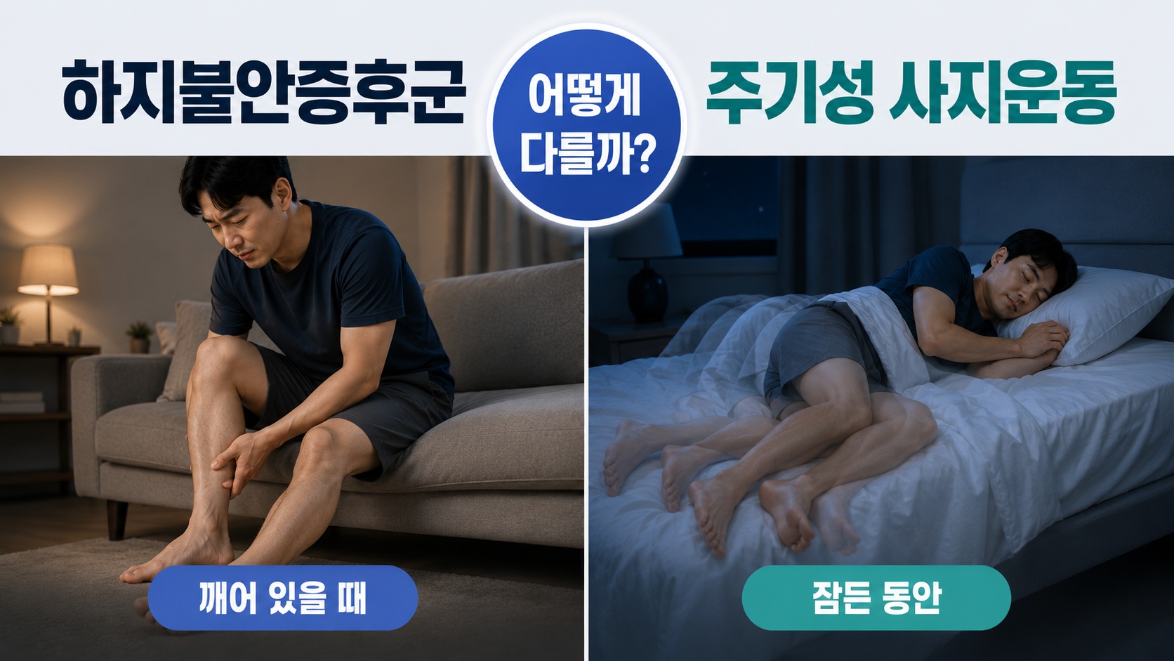 하지불안증후군과 주기성 사지운동의 차이를 비교한 썸네일 이미지. 왼쪽에는 깨어 있을 때 종아리를 만지며 불편해하는 남성, 오른쪽에는 잠든 동안 다리를 반복적으로 움직이는 남성의 모습이 보인다.