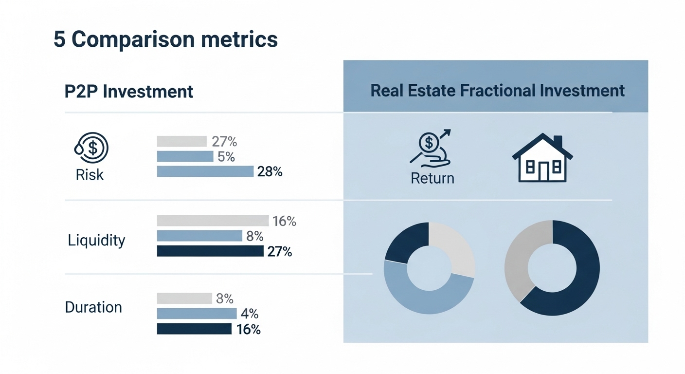 P2P 투자와 부동산 조각 투자의 5가지 핵심 지표를 비교하는 명확한 인포그래픽