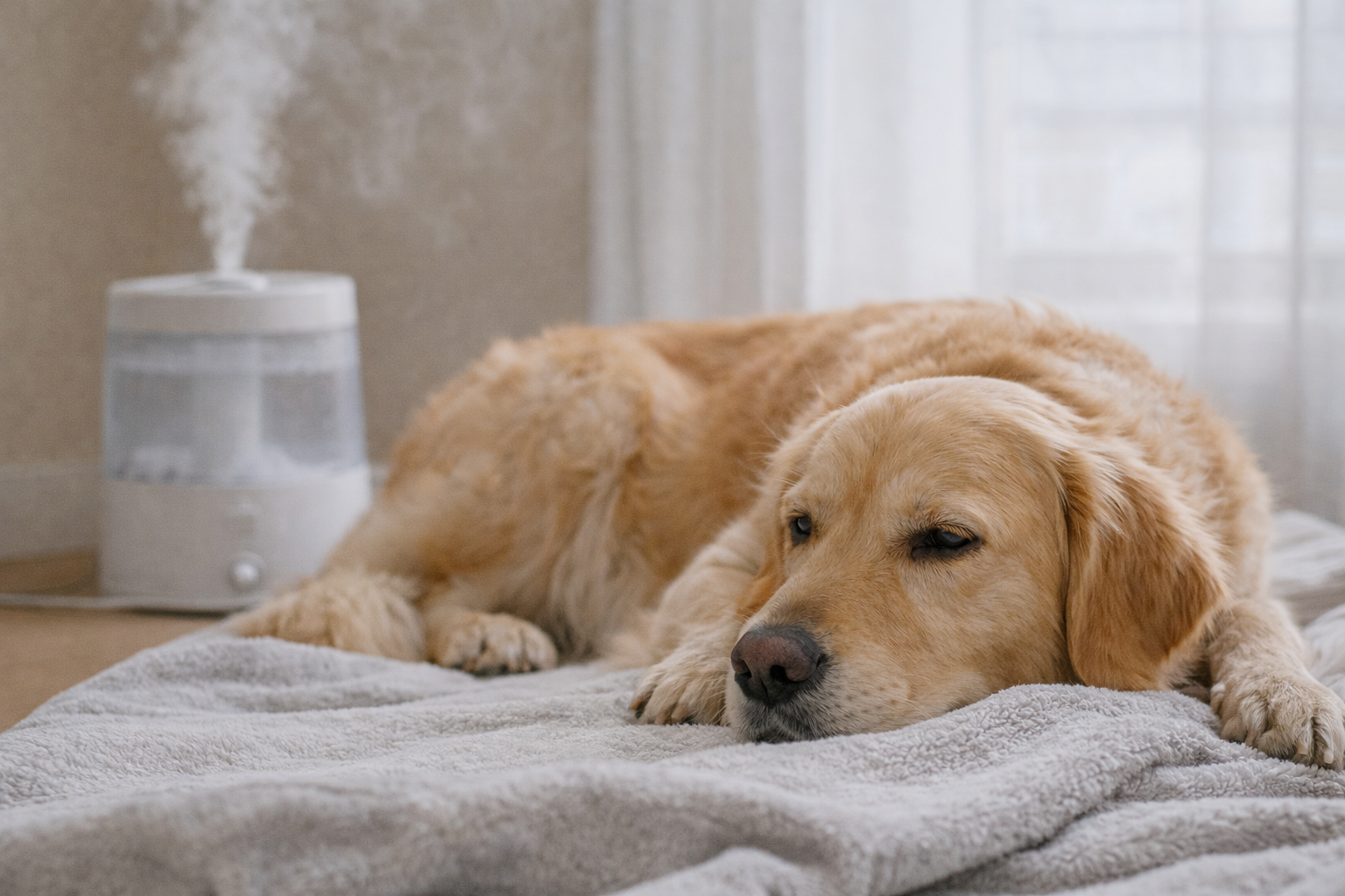 가습기 근처에서 편히 쉬는 강아지 이미지