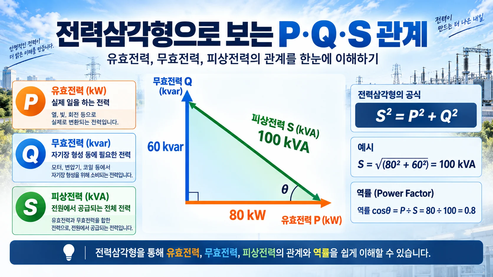 80kW 60kvar 100kVA 예제로 설명한 전력삼각형과 역률 0.8
