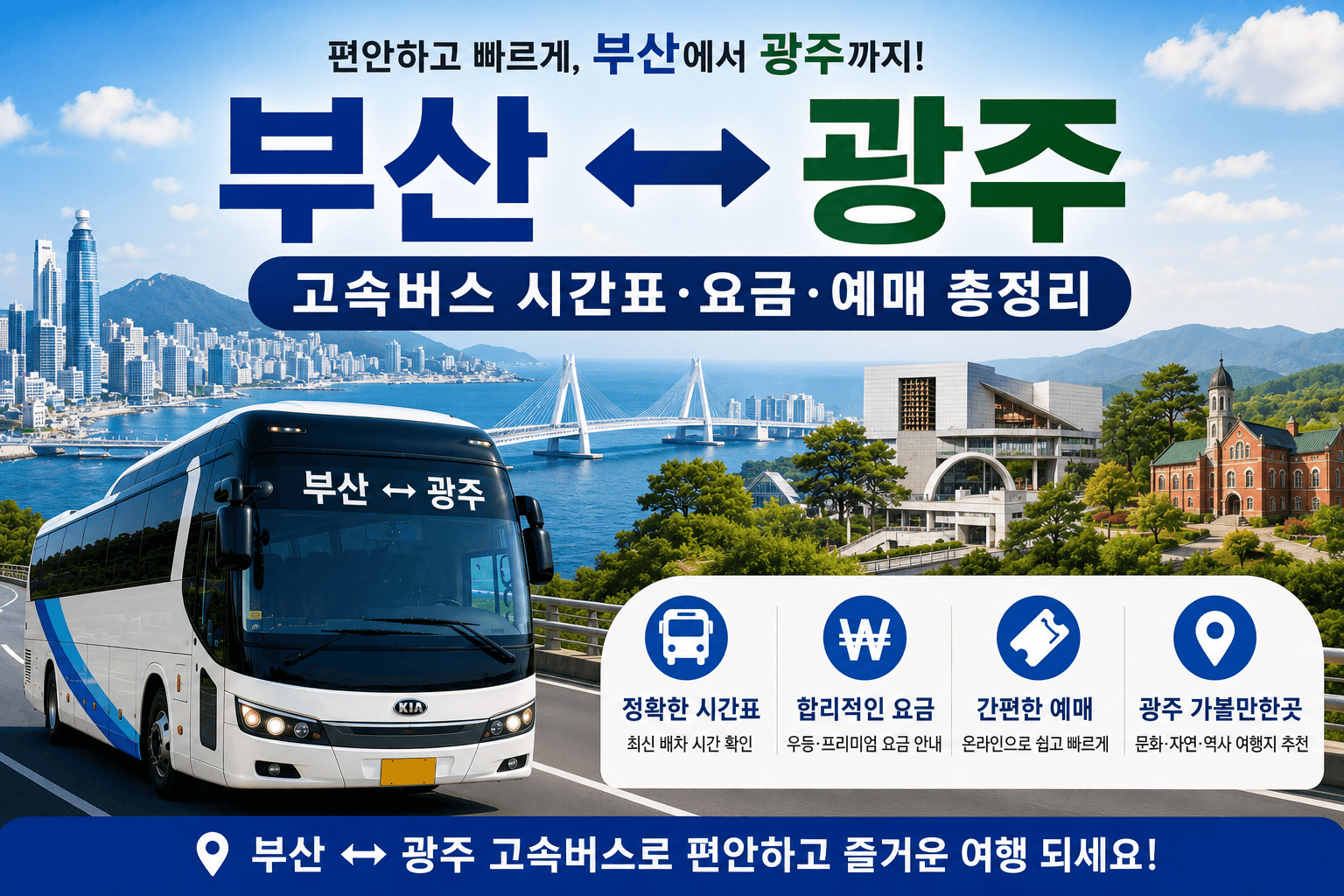 부산에서 광주까지 왕복하는 고속버스 이미지