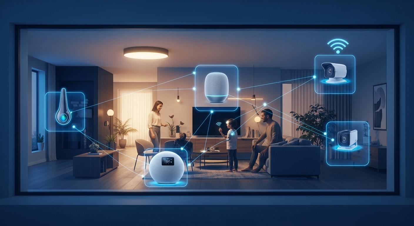 2025년 엣지 AI 기반 스마트홈의 미래 모습, 가족이 편안하게 지내는 초개인화되고 안전한 생활 환경을 보여주는 이미지