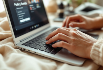 PC에서 정책자금 포털을 보며 신청 중인 손&amp;#44; 마우스를 클릭하는 모습 