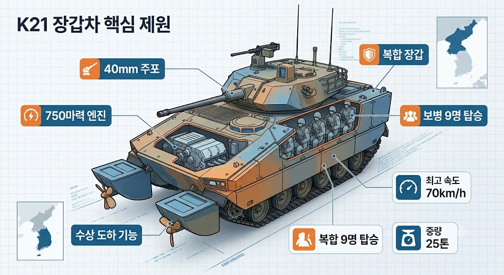 40mm 주포와 하천 도하용 에어백 스커트 시스템을 사실적으로 묘사한 인포그래픽 스타일 이미지
