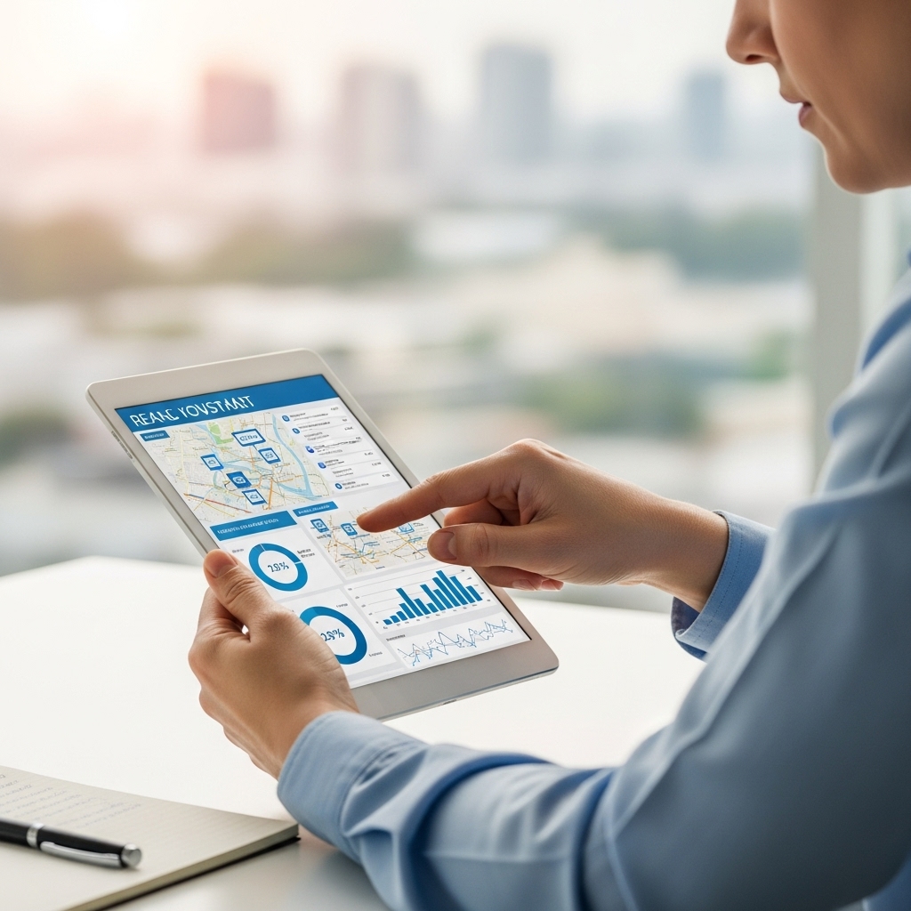 태블릿으로 부동산 시장 데이터를 신중하게 분석하는 사람의 모습, 현명한 투자 결정을 상징.2