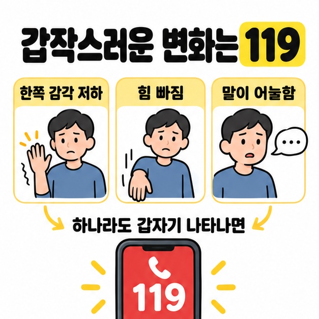 한쪽 감각 저하와 힘 빠짐, 말이 어눌한 모습을 나란히 보여주고 하나라도 갑자기 나타나면 119에 연락하도록 안내한 이미지