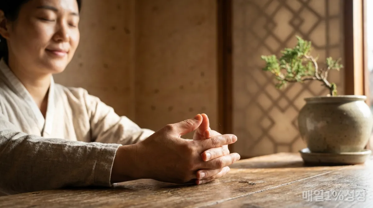 명상하는 한국인의 손과 차분한 얼굴, 마음챙김 명상의 핵심 요소를 보여주는 이미지