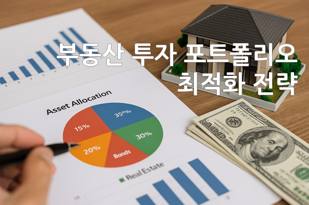 부동산 투자 포트폴리오 최적화 전략을 주제로 한 재무 데이터와 투자 자료를 살펴보는 장면