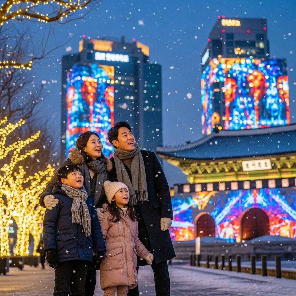 서울윈터페스타 제야의 종&amp;#44; 디지털 쇼를 보고 있는 가족