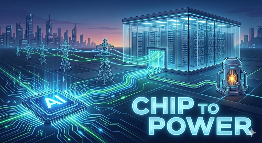 반도체 칩이 전력망(송전탑)과 연결되고, 그 끝에 데이터 센터가 빛나는 이미지. 'Chip to Power'라는 문구로 AI 생태계의 확장을 표현