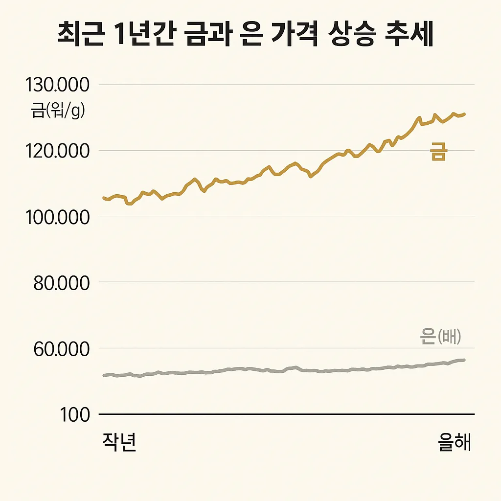 최근 1년간 금과 은 가격 상승 추세를 보여주는 그래프