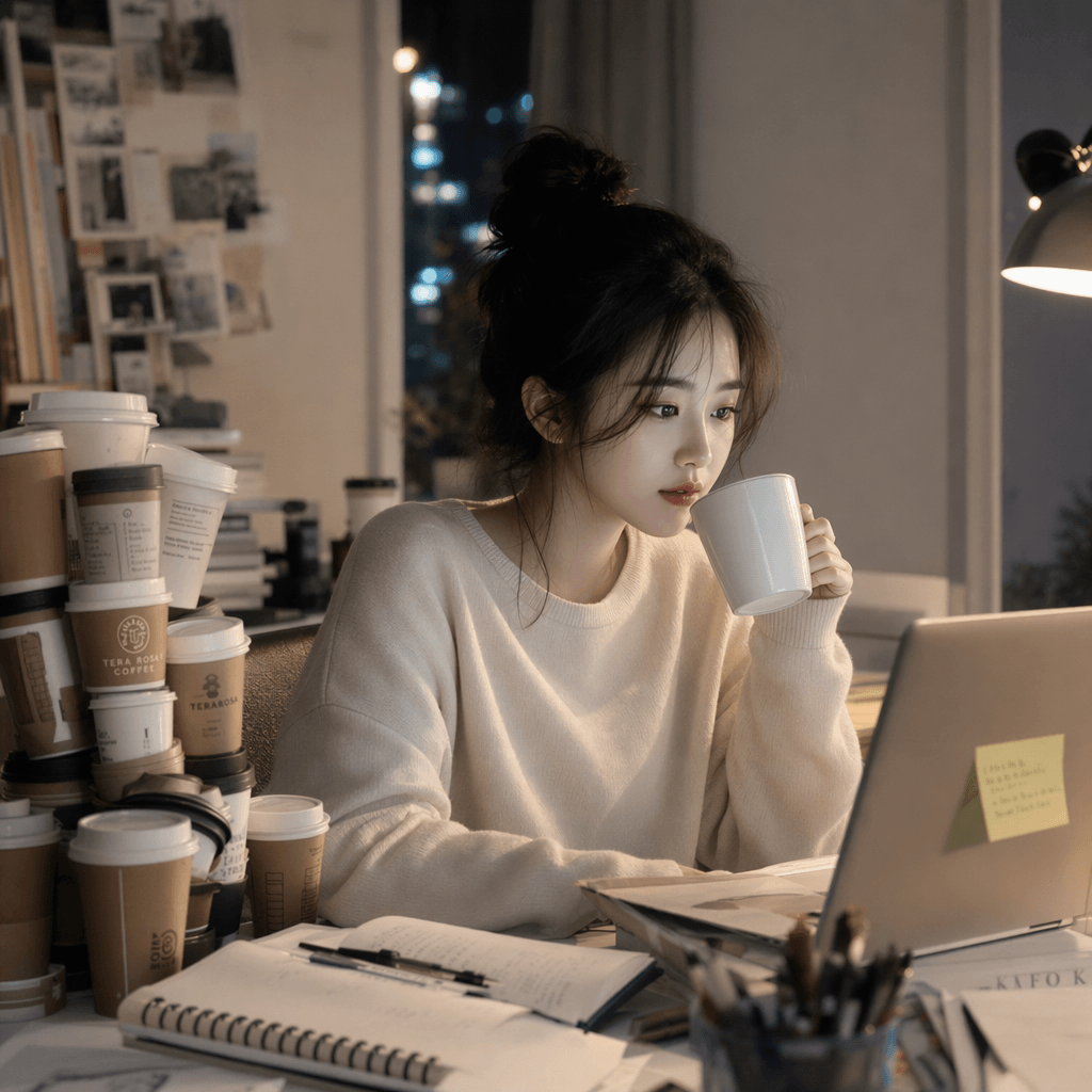 밤새 커피를 마시고있는 여자