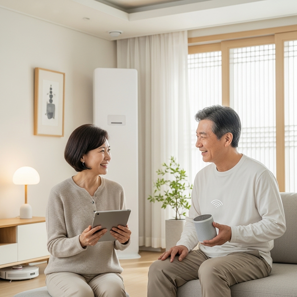 미니멀하고 스마트하게 정리된 거실에서 태블릿과 스마트 스피커를 사용하며 여유로운 시간을 보내는 중년 부부의 모습