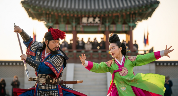 웅장한 고구려 복장을 한 배우들이 단양 온달문화축제에서 박진감 넘치는 전통 공연을 펼치는 모습