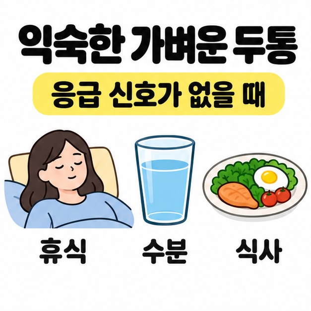 응급 신호가 없는 익숙한 가벼운 두통에 휴식과 수분 섭취, 식사를 안내하는 사람과 물컵, 식사 접시 그림