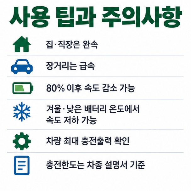 집과 직장에서는 완속, 장거리 이동에서는 급속을 활용하고 차량 최대 충전출력과 배터리 온도를 확인하는 이미지