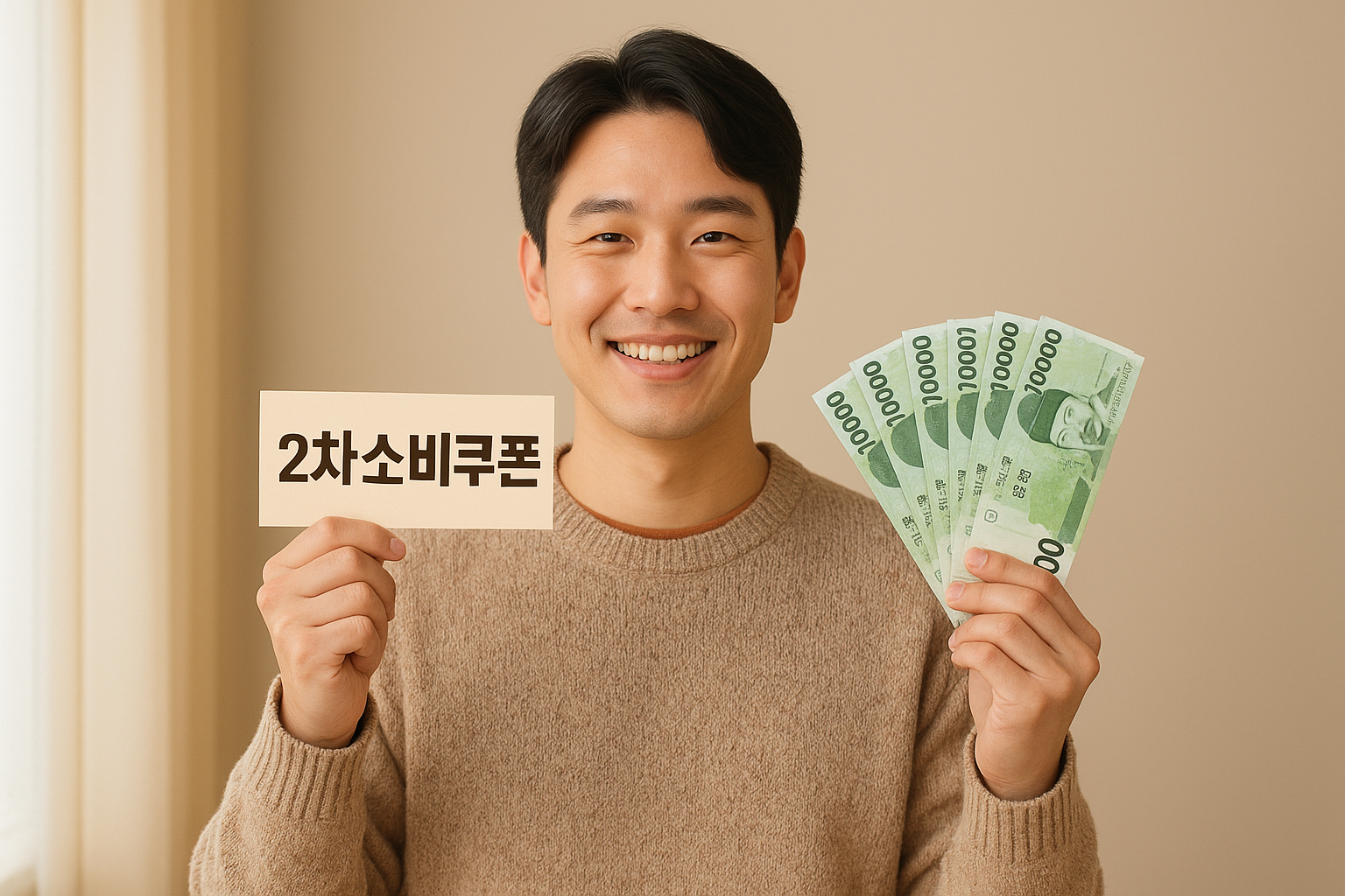 2차소비쿠폰과 현금을 양손에 들고 미소 짓고 있는 청년