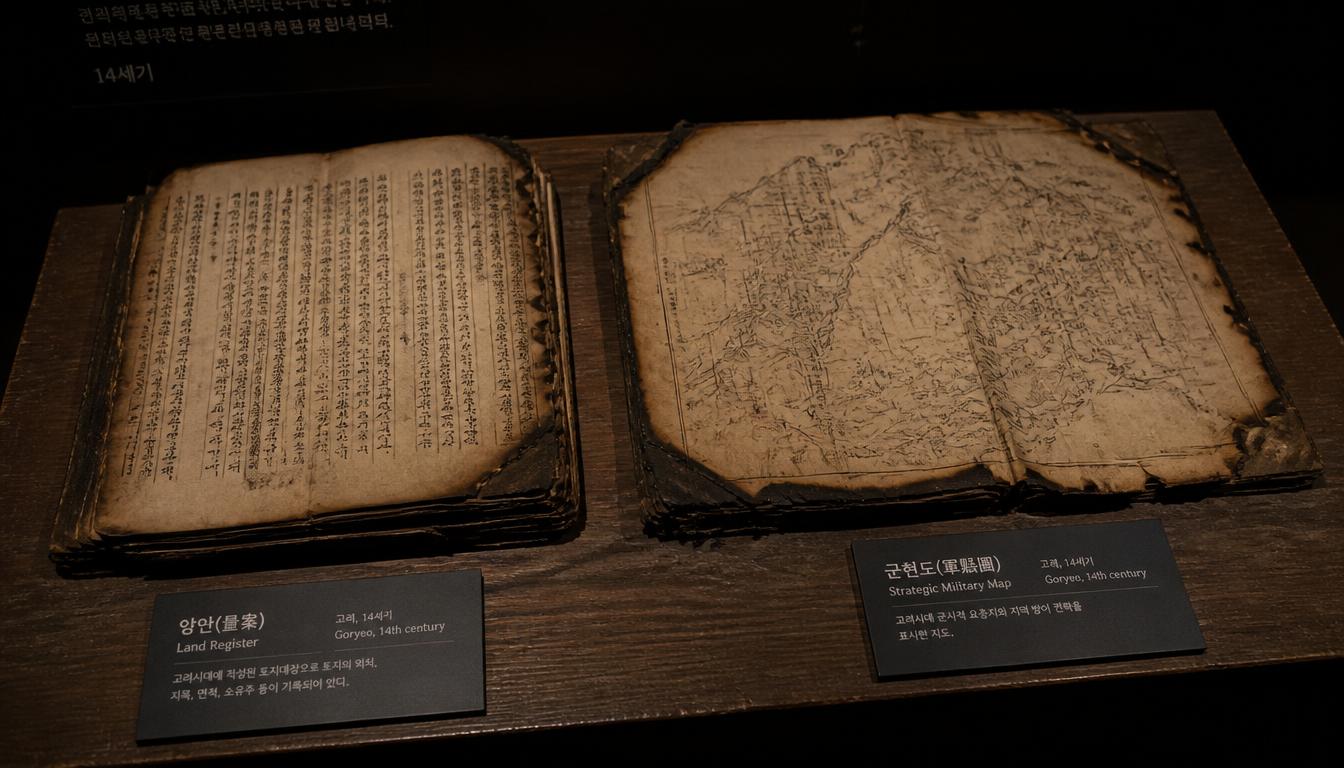 핀 조명을 받고 있는 박물관 전시 테이블. 가장자리가 불에 탄 흔적이 있는 14세기 고려시대 토지 대장 문서와 전략 지도가 놓여 있다.