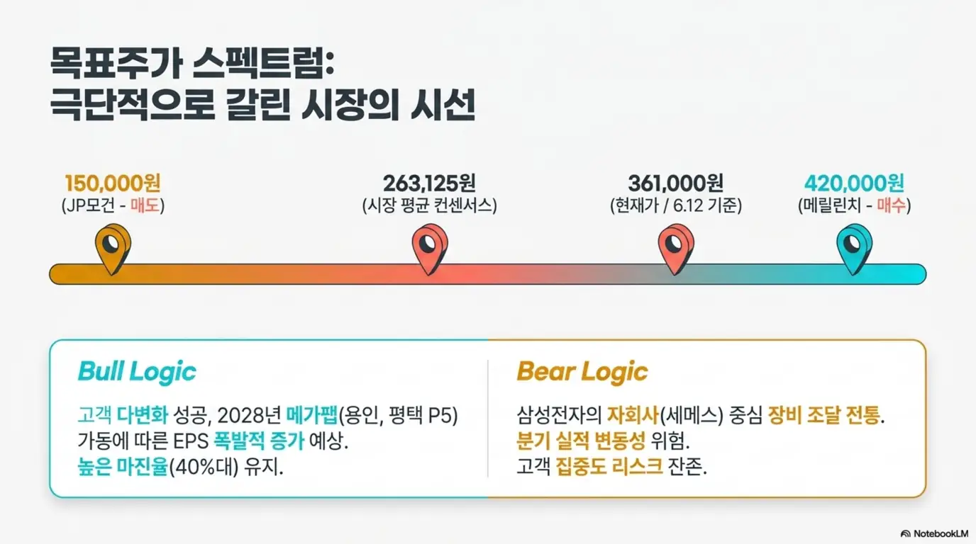 한미반도체 주가 전망: 한미반도체 목표주가가 JP모건 15만원 매도부터 메릴린치 42만원 매수까지 극단적으로 갈린 시장 시각을 정리한 이미지. 시장 평균 컨센서스 263&amp;#44;125원과 강세론&middot;신중론 근거를 함께 시각적으로 전달하며&amp;#44; 한미반도체 목표주가 논쟁을 설명함