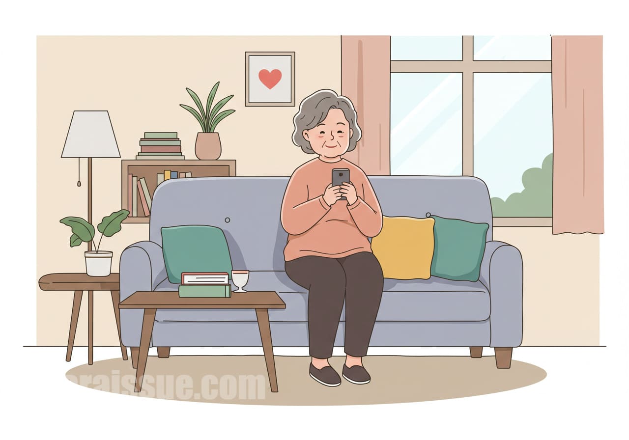 소파에 앉아 건강정보 확인하는 할머니