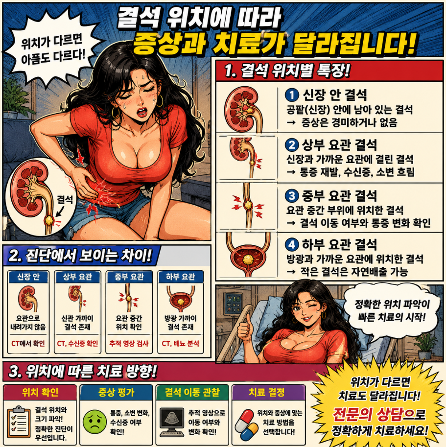 요로결석 위치에 따라 증상과 치료 판단이 달라지는 기준을 설명하는 옛날 만화 스타일 인포그래픽으로, 신장 안·상부 요관·중부 요관·하부 요관 결석의 차이를 시각적으로 보여주는 이미지