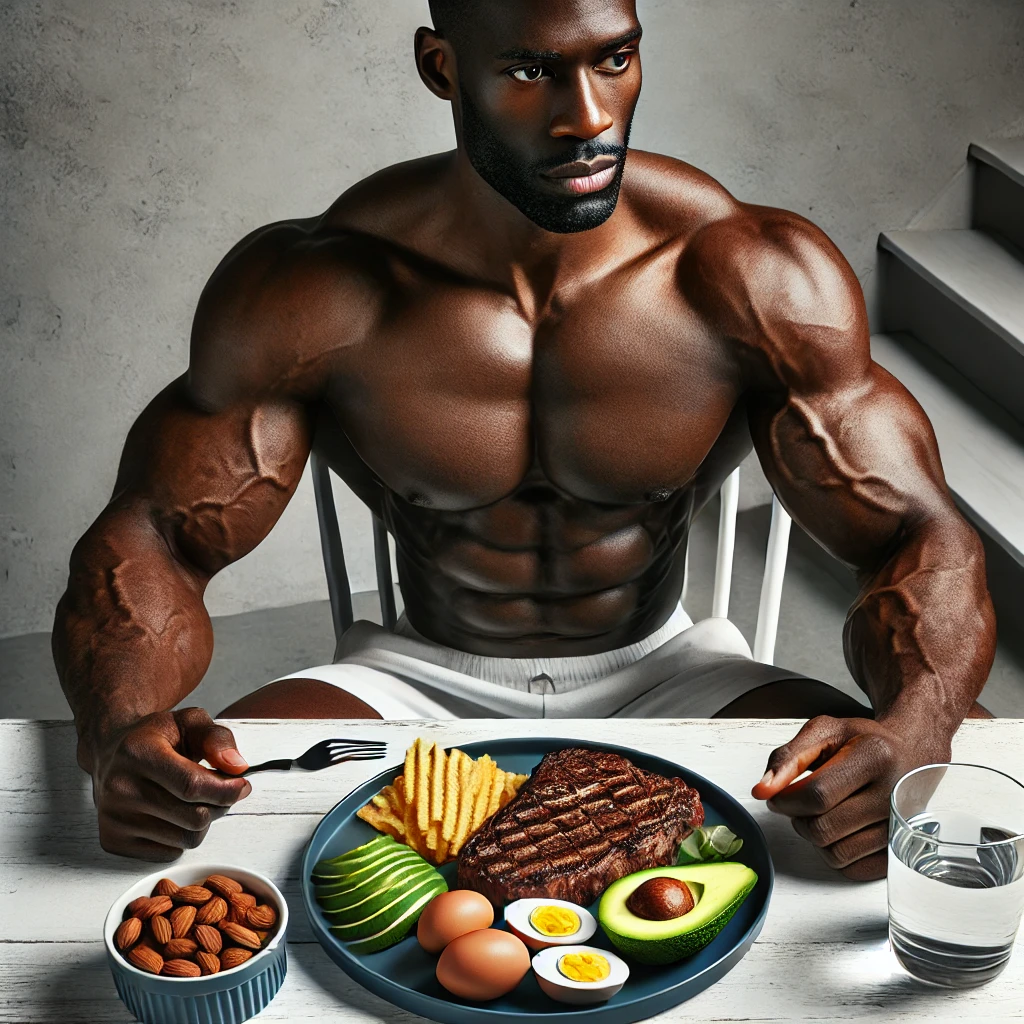 "근육질의 흑인 남성이 단백질과 건강한 지방이 풍부한 식사를 하는 장면, 스테이크, 계란, 아보카도, 견과류가 포함된 건강한 식탁"