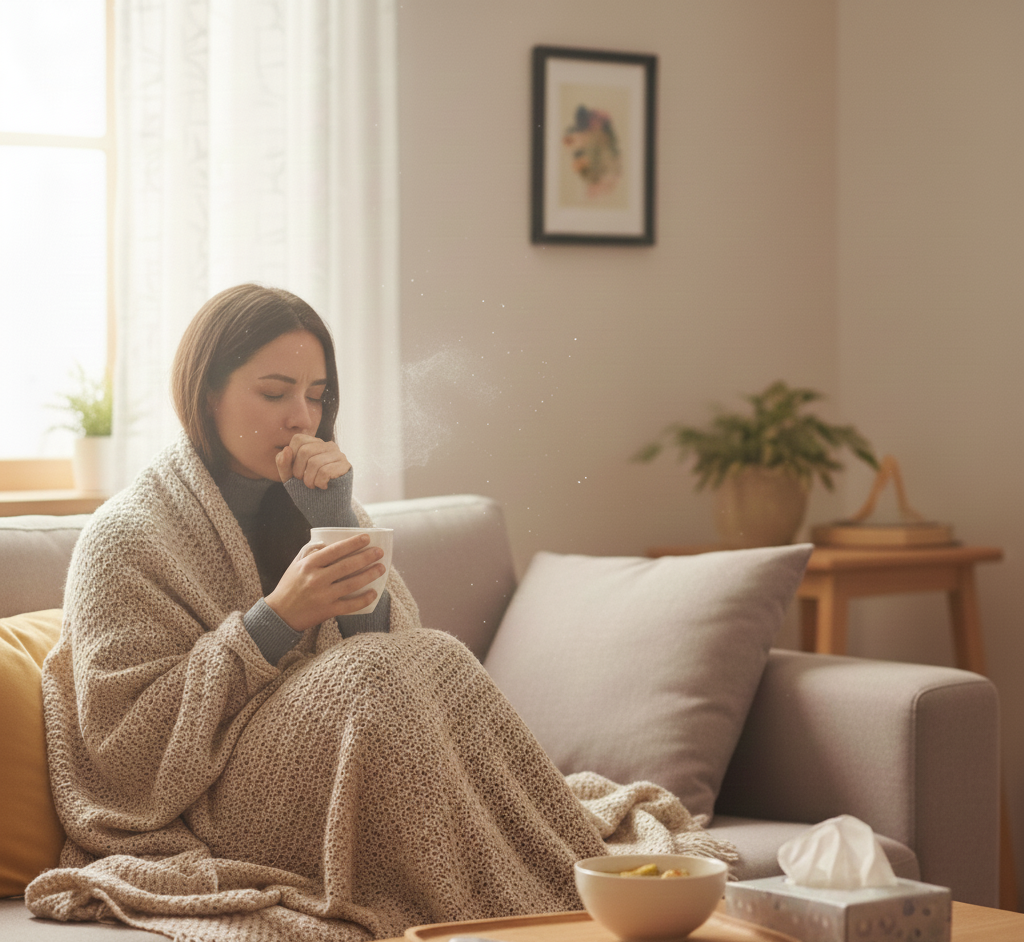 A형 독감 초기 증상으로 기침하며 담요를 두르고 따뜻한 음료를 마시는 여성