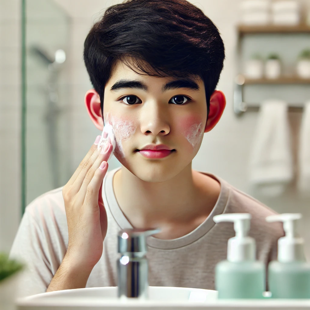 여드름을 관리하는 10대 남자 아이