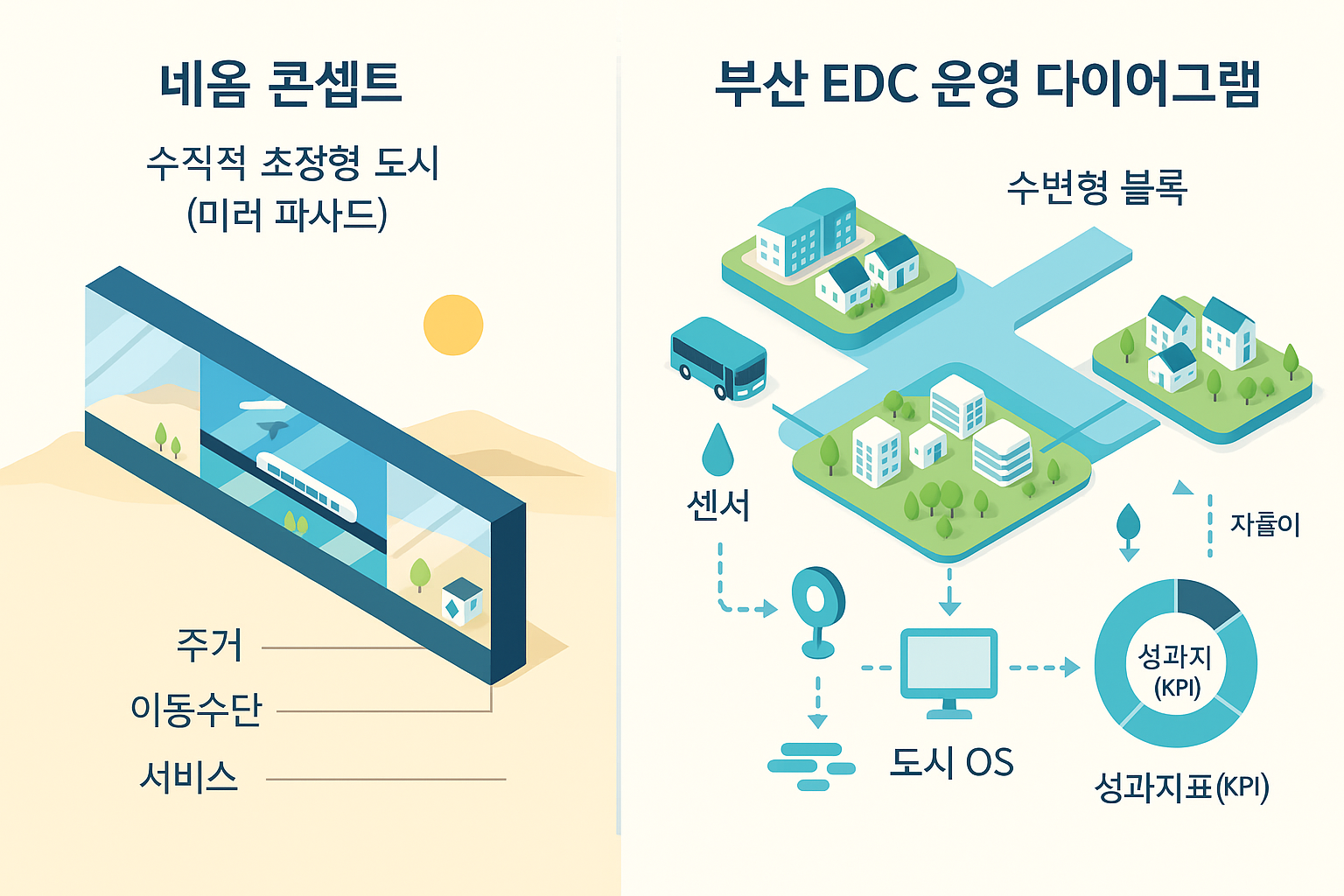 네옴 THE LINE 콘셉트(수직 레이어&middot;미러 파사드)와 부산 에코델타시티 운영 다이어그램(데이터 브로커&middot;카탈로그&middot;API&middot;대시보드&middot;리빙랩) 비교 인포그래픽