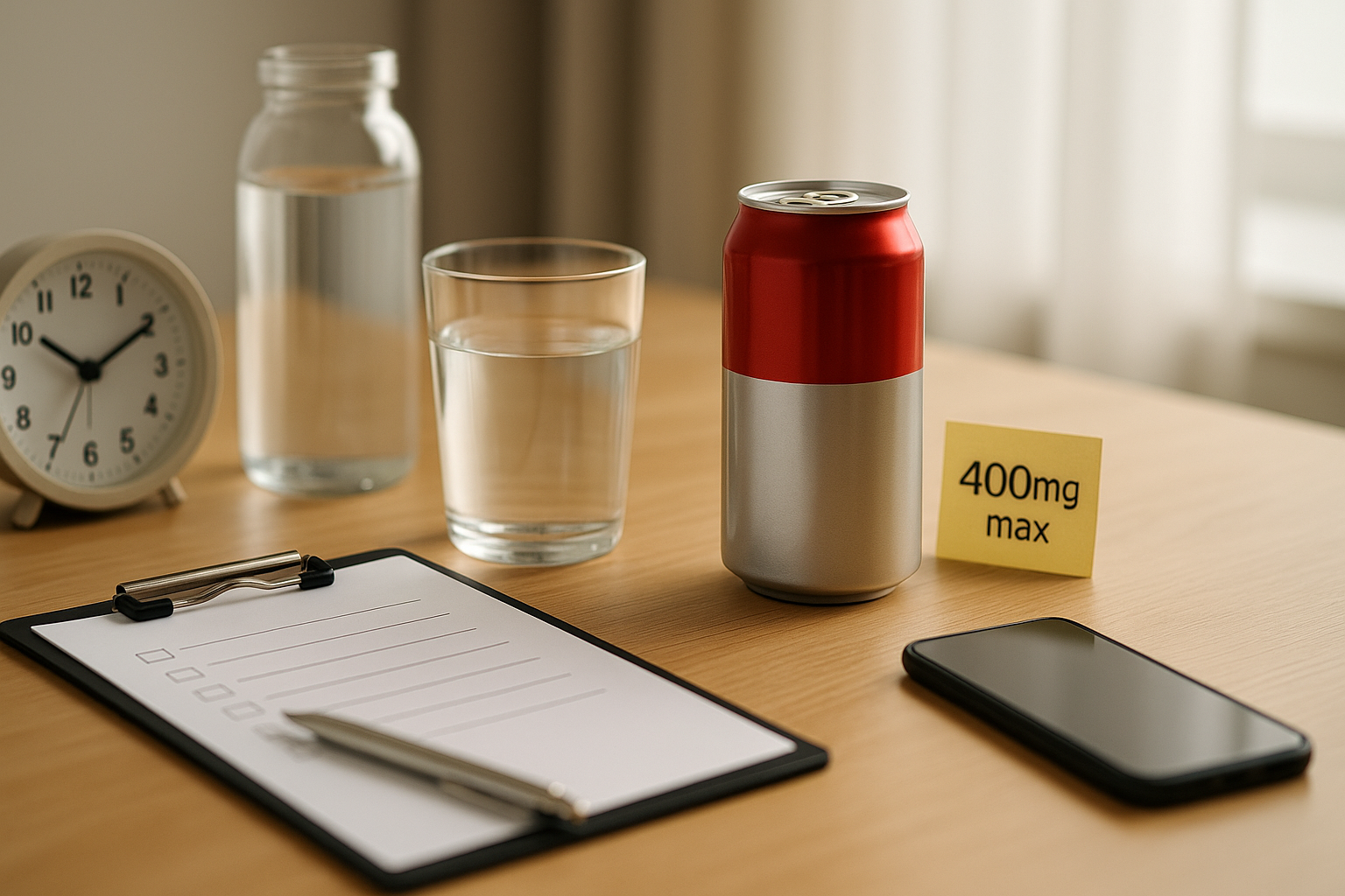 에너지드링크 한 캔과 물컵&middot;알람시계가 놓인 책상, &lsquo;하루 400mg 상한&rsquo; 메시지를 암시하는 안전 루틴 썸네일