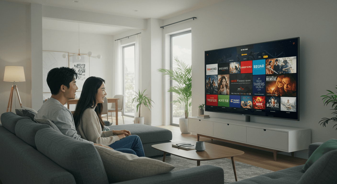 부부가 스마트 TV로 다양한 OTT 콘텐츠를 즐기며 만족하는 장면 1