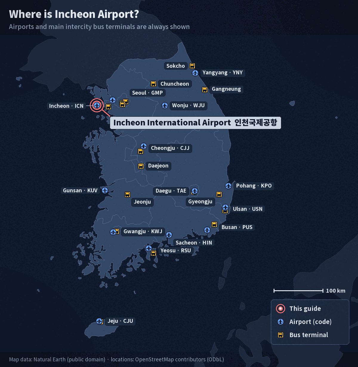 Map of South Korea with Incheon International Airport marked near Seoul, showing Korea's airports and main intercity bus terminals