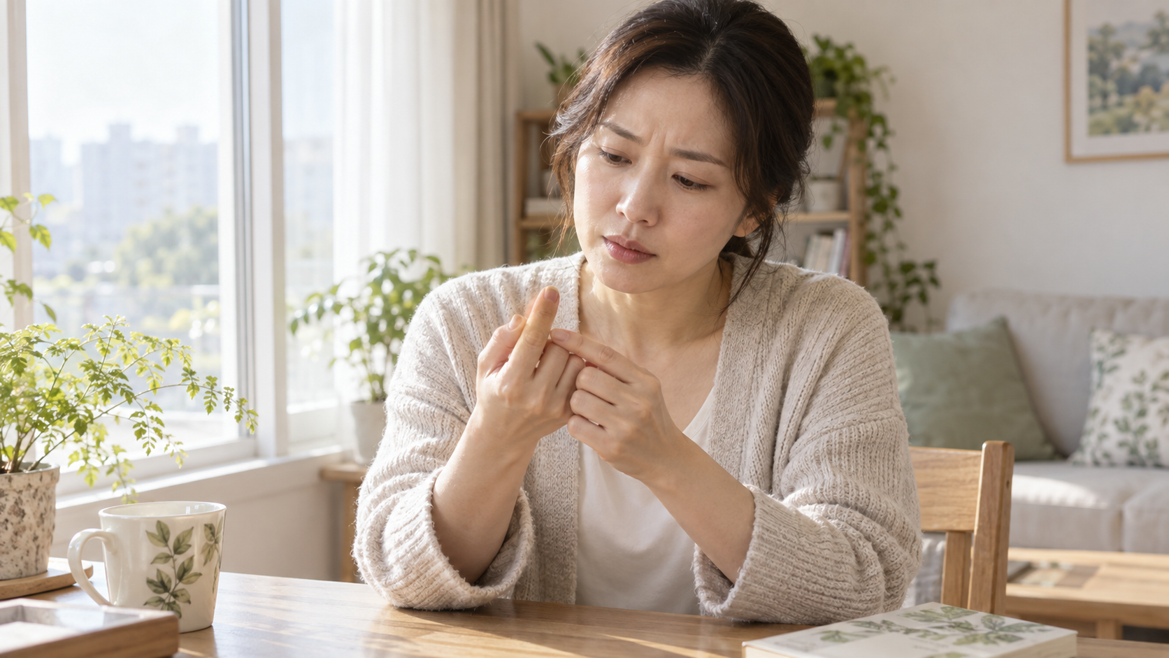 밝은 창가에서 손톱의 세로줄을 확인하는 여성
